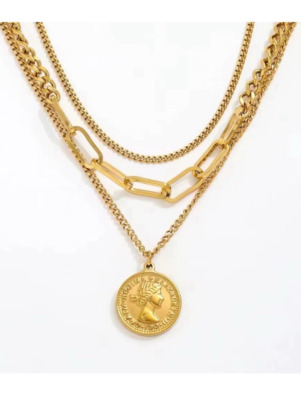 18K Gold Plated Layered Coin Pendant Necklace